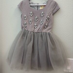 Girls' Gray Tulle Dress with Floral Embellishments